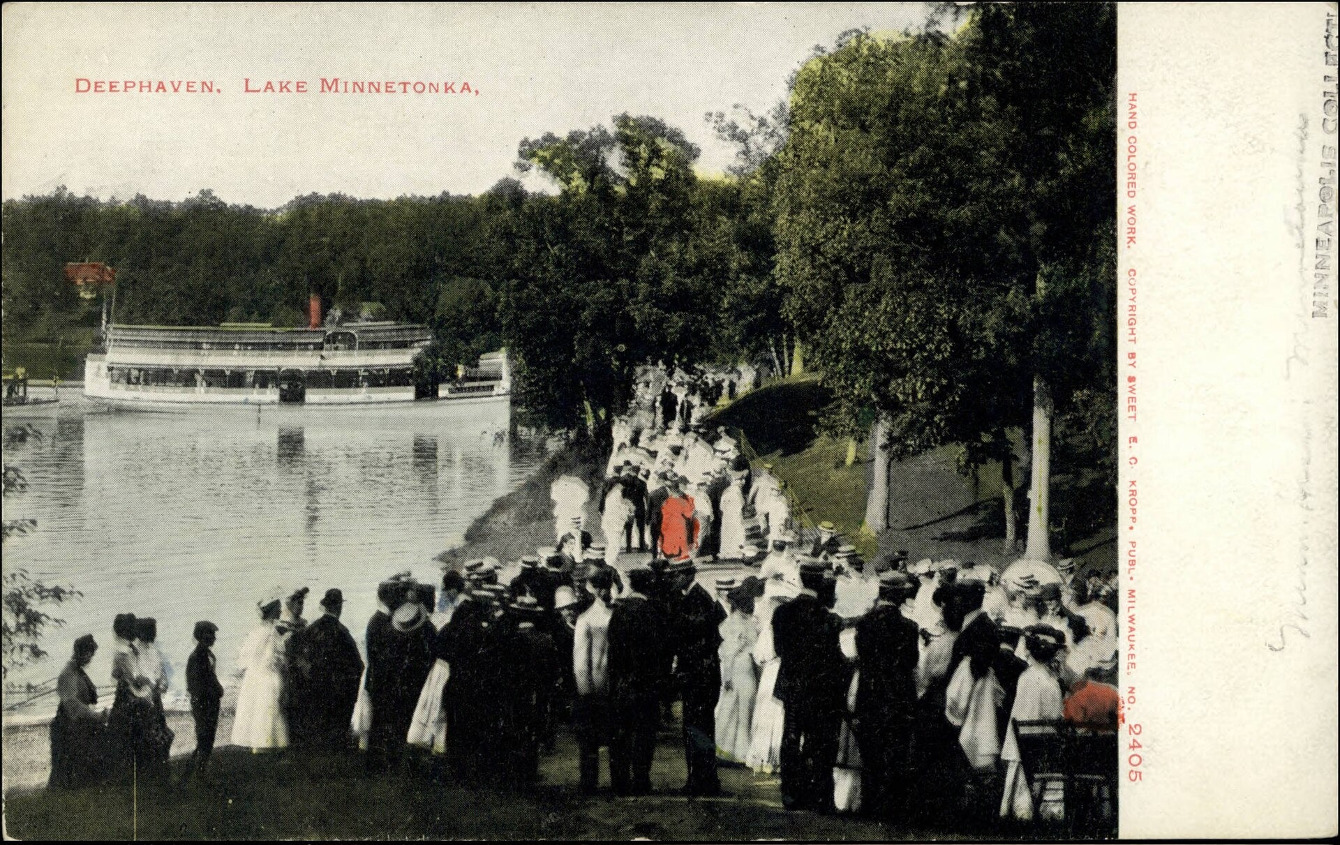 Historic crowd and steamboat at Deephaven on Lake Minnetonka