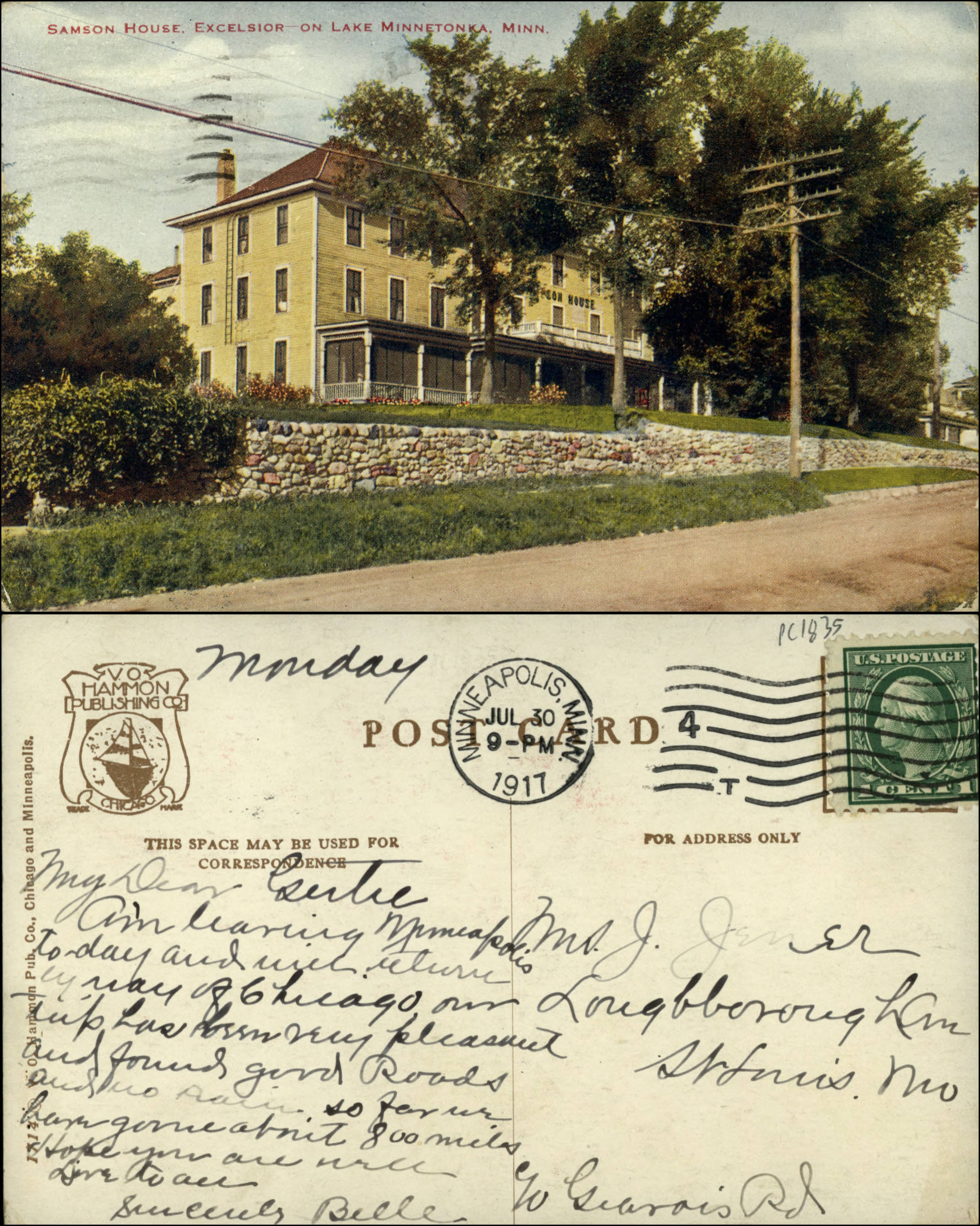 Historic Sampson House hotel postcard, Excelsior on Lake Minnetonka
