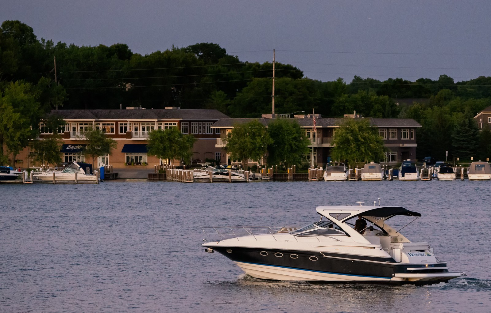 Boat and docks along the Excelsior waterfront on Lake Minnetonka