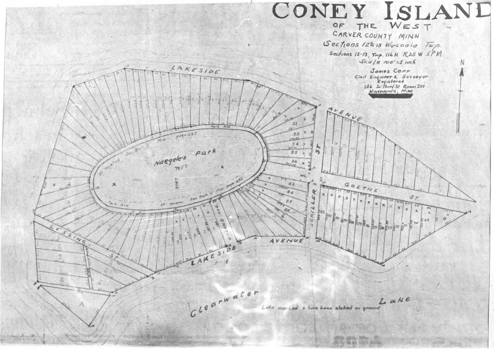 Historic plat map of Coney Island of the West showing lots around a central park and streets named Goethe, Schiller, Lessing and Uhland, on Clearwater Lake