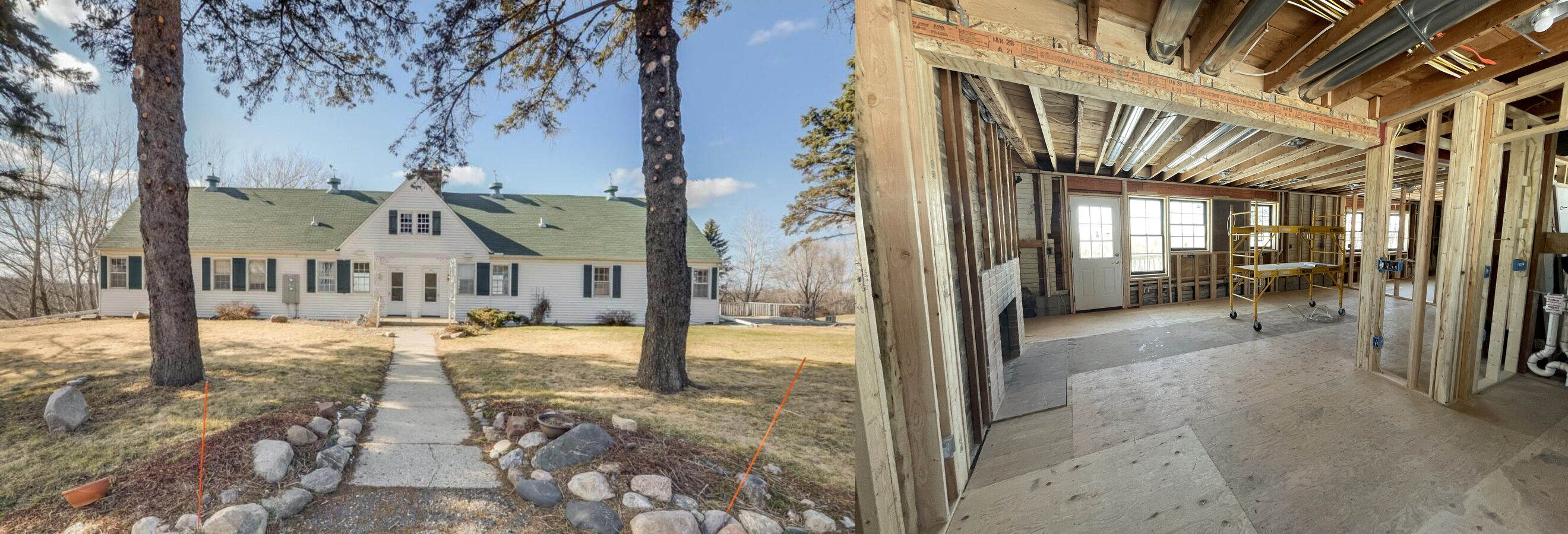 Left: the tired white side-by-side duplex before renovation. Right: the same house gutted to the studs during the rebuild.