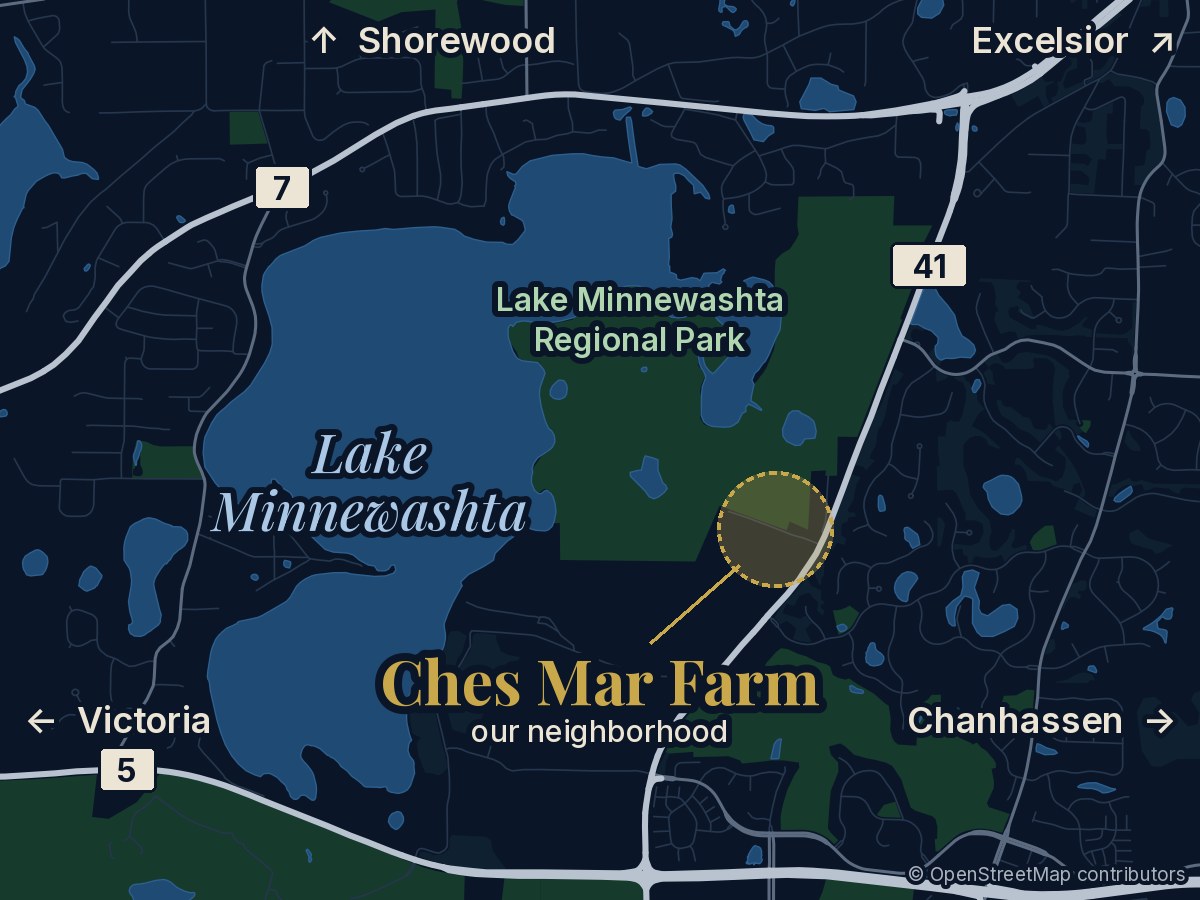 Map of Lake Minnewashta and Lake Minnewashta Regional Park, with Highways 7, 41, and 5, directions to Shorewood, Excelsior, Chanhassen, and Victoria, and the Ches Mar Farm neighborhood highlighted on the east side beside the park