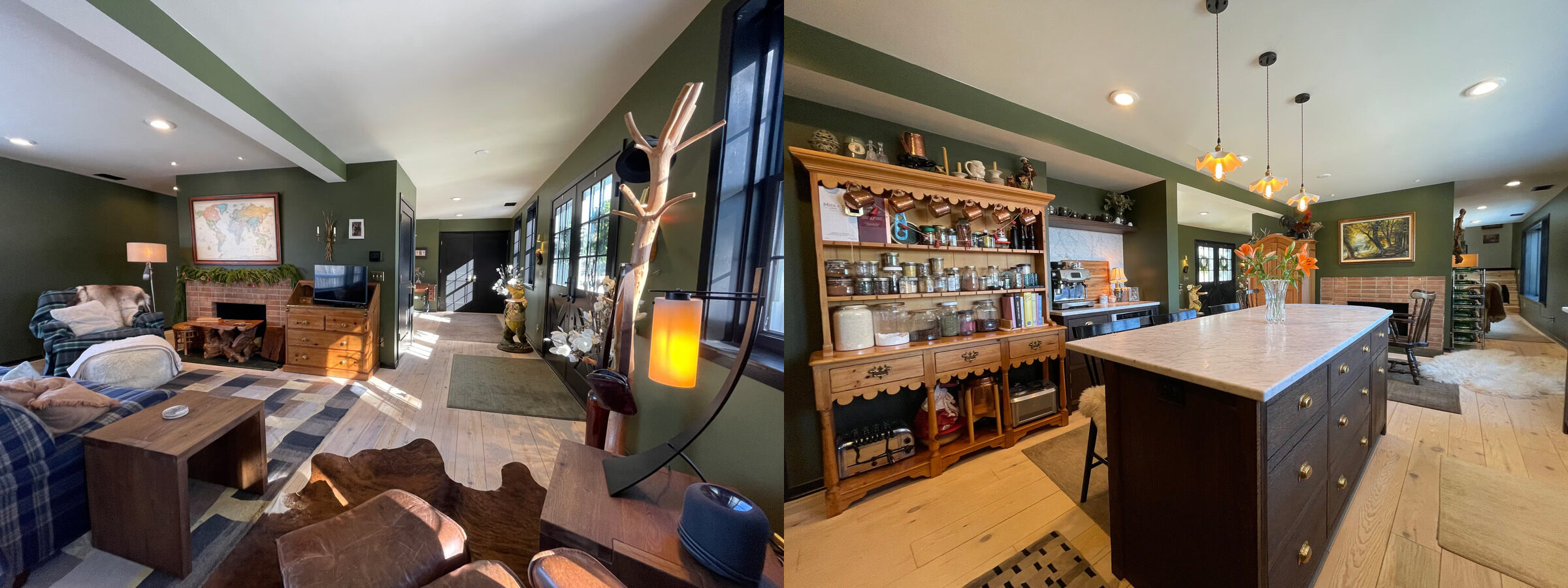 Interiors of Ches Mar Homestead: a cozy living room with a fireplace on the left, and the kitchen with a center island on the right