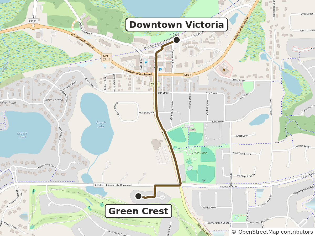 Map of the walking route from the Green Crest neighborhood north to downtown Victoria on Stieger Lake