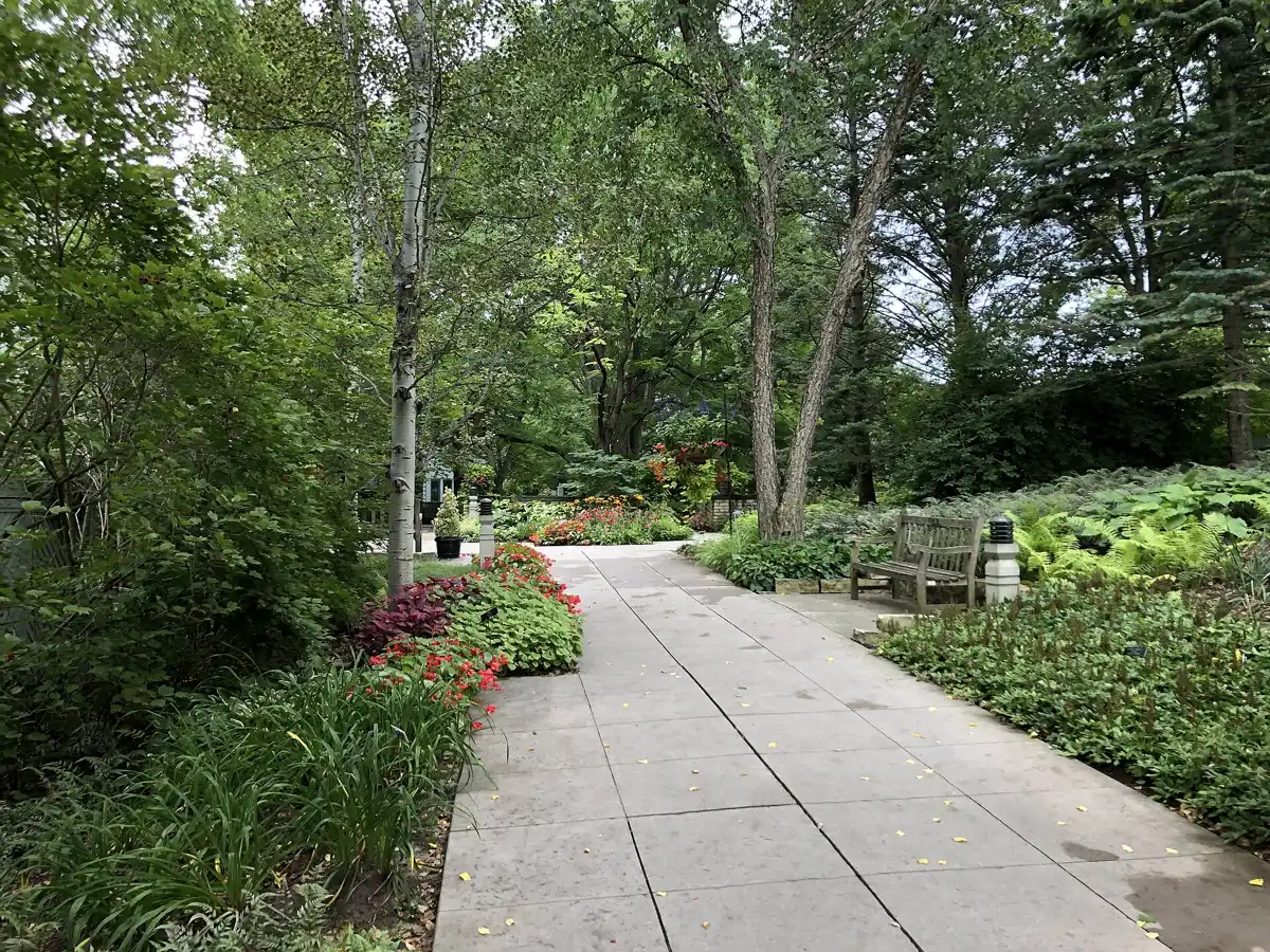 A garden path lined with plants at the Minnesota Landscape Arboretum
