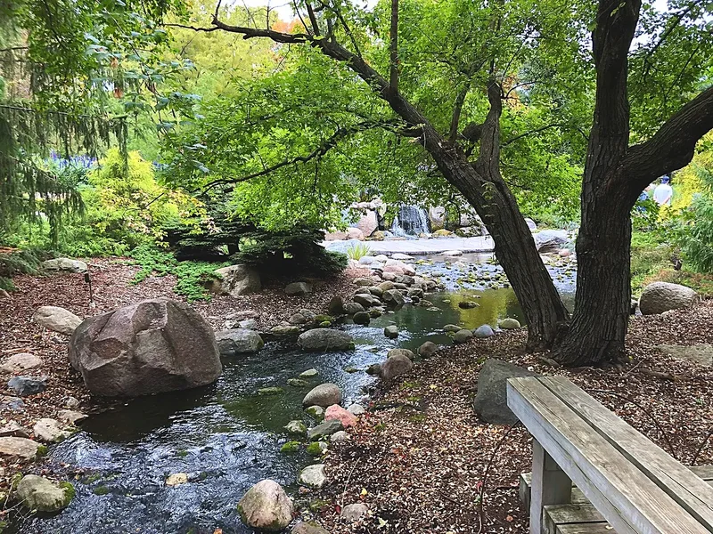 A creek and stone garden under old trees at the Minnesota Landscape Arboretum