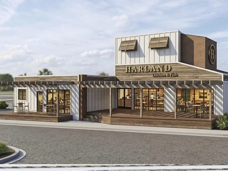 Architectural rendering of Harland Chicken and Fish, a single story restaurant with a covered patio